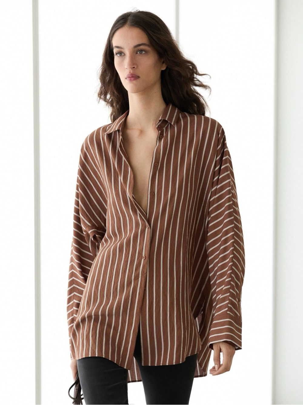 Massimo Dutti Brown and White Striped Button-Up Blouse Size Small - Picture 2 of 16